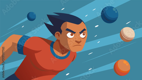 A closeup shot of a players determined face as they swiftly dodge multiple balls flying towards them.. Vector illustration