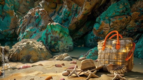 A beautiful coastal area showcases vibrant shells, a woven basket, and sand, inviting beach lovers to explore this serene spot