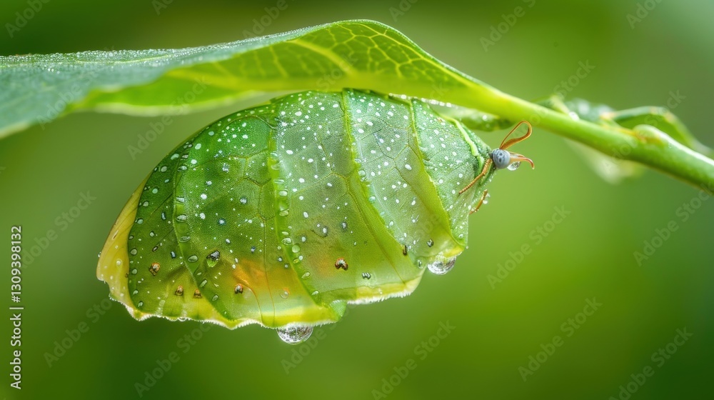 Fototapeta premium Chrysalis Emerging for Dew-Kissed Leaf, Nature.