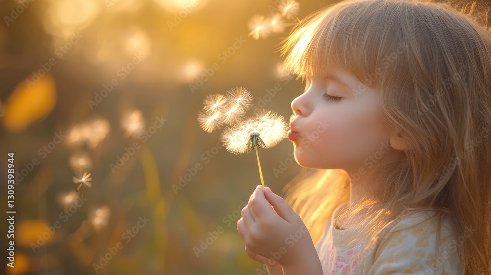 A child blowing dandelion seeds, soft and heartwarming mood A child blowing dandelion seeds, soft and heartwarming mood