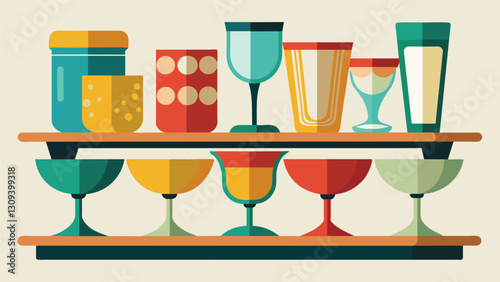 A grouping of antique glass drinking glasses in an array of colors and patterns displayed on a vintage bar cart.. Vector illustration
