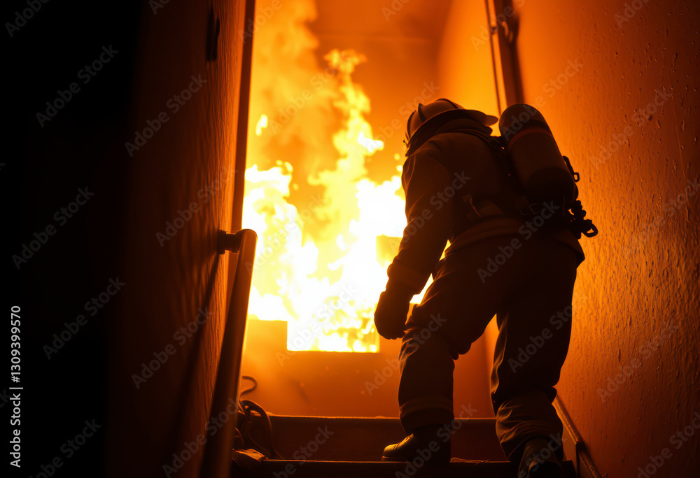 Fototapeta premium Firefighter makes a courageous ascent up fiery stairs, facing the intense heat and flames of a burning structure in a critical rescue operation.