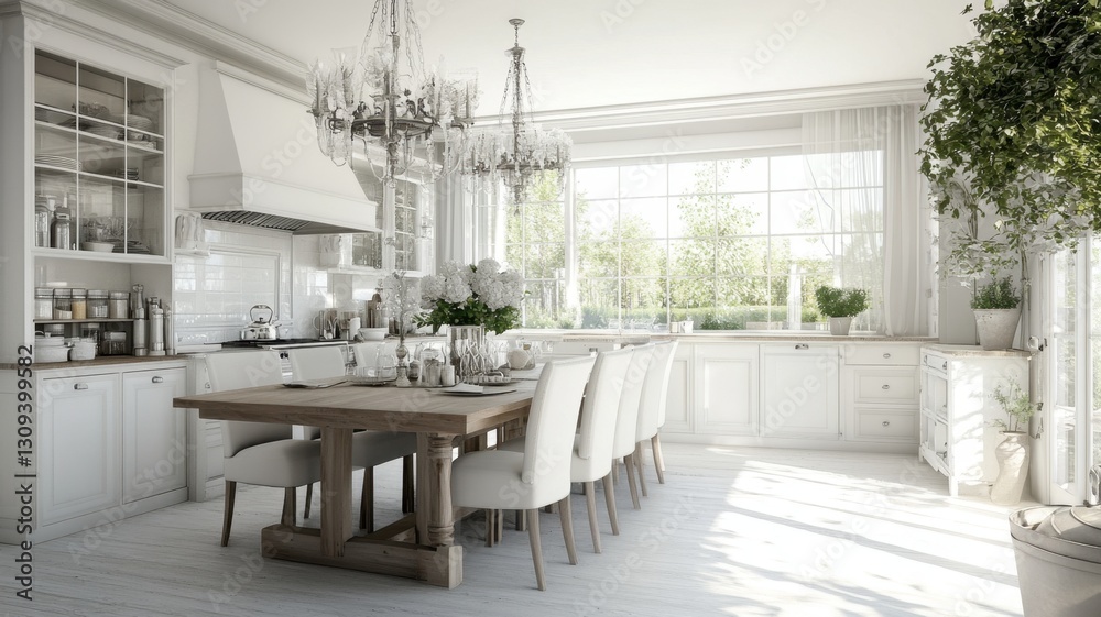 Fototapeta premium White kitchen interior featuring sunlit island, wooden dining table, expansive windows, radiating bright, open living space