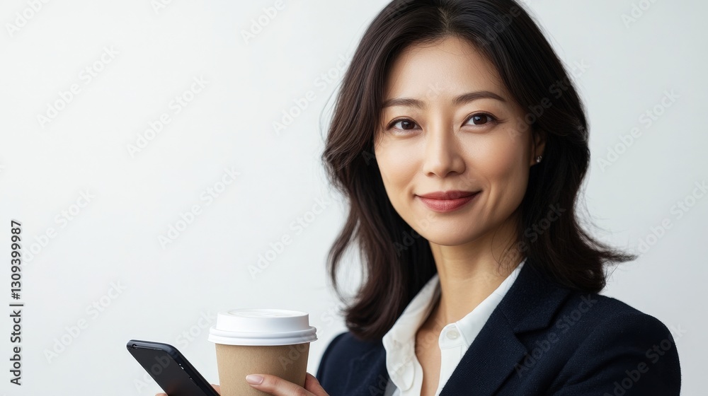 A close-up of an Asian businesswoman hands holding a coffee cup and a smartphone, laptop in the background, isolated on a bright white background, minimal and sophisticated A close-up of an Asian businesswoman hands holding a coffee cup and a smartphone, laptop in the background, isolated on a bright white background, minimal and sophisticated