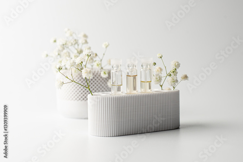 Group of small glass bottles. Perfume testers or chemical samples. Side view. Selective soft focus. Shallow depth of field. Text copy