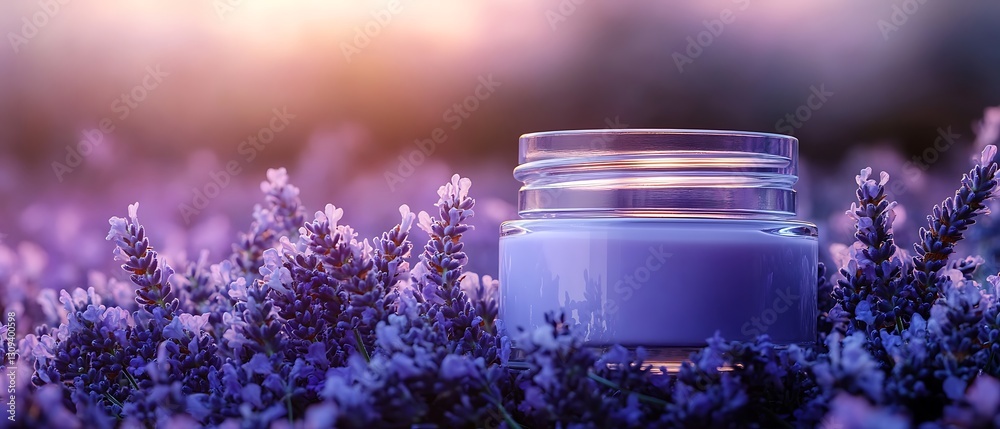 Lavender cream jar at sunset in a field