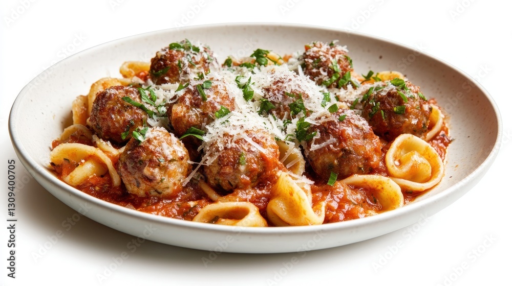 A comforting Italian plate of orecchiette pasta with polpette di manzo, drenched in a slow-cooked tomato sauce and topped with parmesan shavings. Isolated on white background A comforting Italian plate of orecchiette pasta with polpette di manzo, drenched in a slow-cooked tomato sauce and topped with parmesan shavings. Isolated on white background