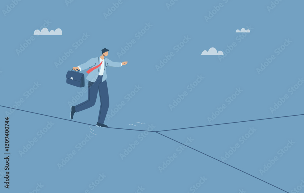 Uncertain business risk, Business direction choice in crisis, Risk management challenge, Businessman in suit holding briefcase walking on tightrope with dividing line. Flat vector illustration. Uncertain business risk, Business direction choice in crisis, Risk management challenge, Businessman in suit holding briefcase walking on tightrope with dividing line. Flat vector illustration.
