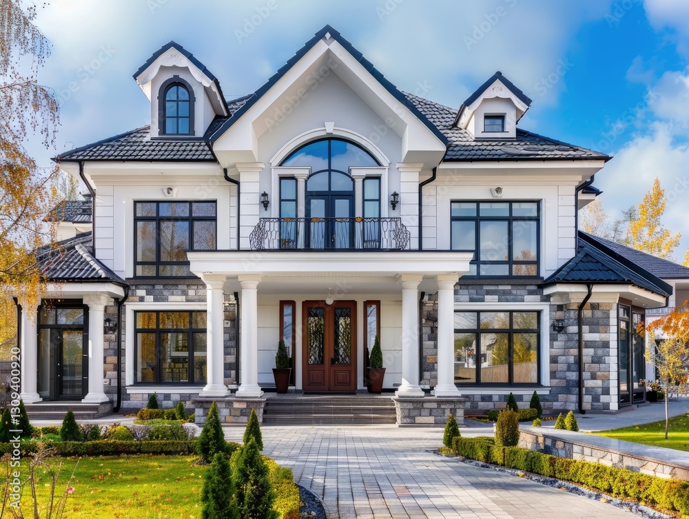 Beautiful, newly built luxury home exterior. Beautiful, newly built luxury home exterior.