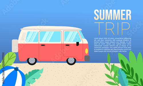 Summer trip with vintage van parked on beach