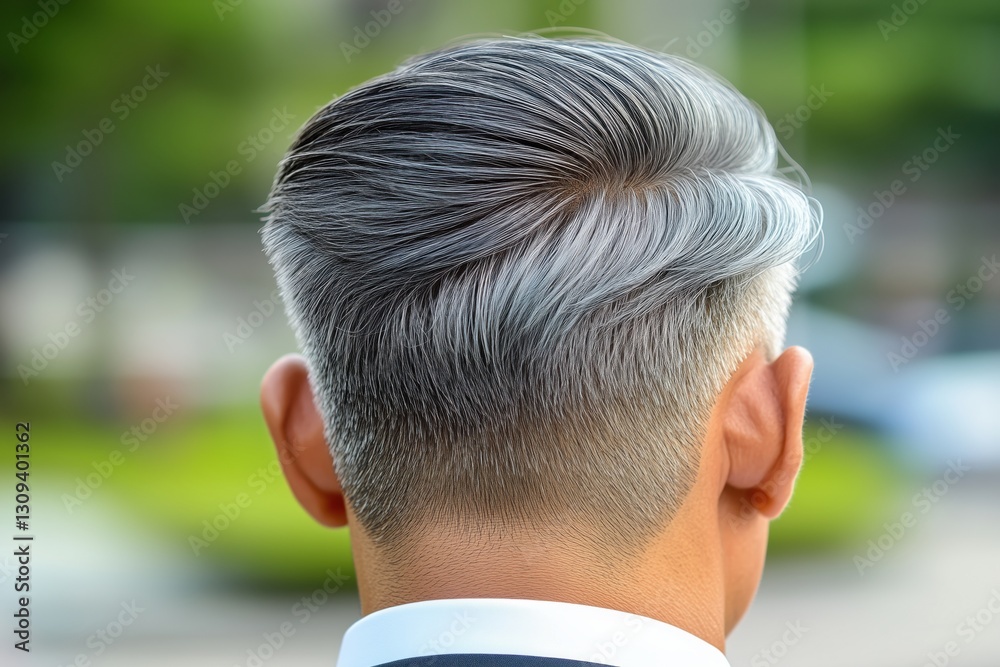 A close-up view of a man's stylish gray hair from the back, showcasing a modern haircut. A close-up view of a man's stylish gray hair from the back, showcasing a modern haircut.