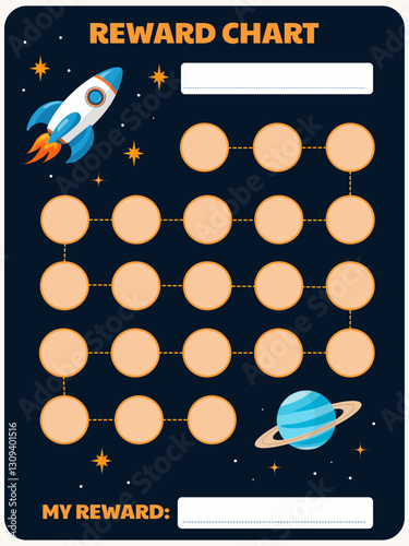 children's reward-tracker on the space theme with a rocket and a planet against the starry sky