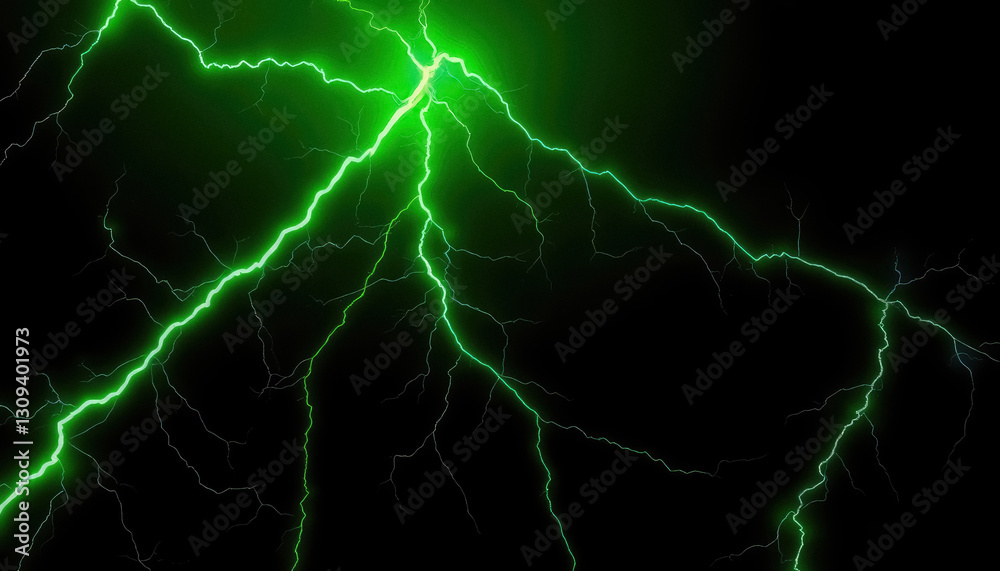 Spectacular display of glowing green lightning bolts branching across dark void illuminating power of nature Spectacular display of glowing green lightning bolts branching across dark void illuminating power of nature