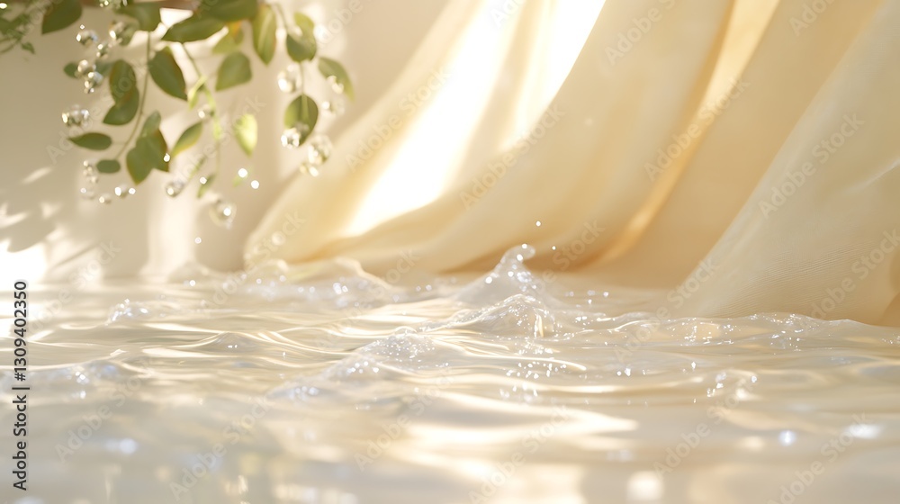 Liquid ripples, sunlight, foliage, fabric backdrop, cosmetic ad Liquid ripples, sunlight, foliage, fabric backdrop, cosmetic ad
