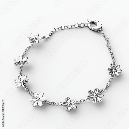 Wallpaper Mural Realistic 3D Icon Cartoon of a Delicate Silver Bracelet with Small Daisy Charms isolated on clear white background Torontodigital.ca
