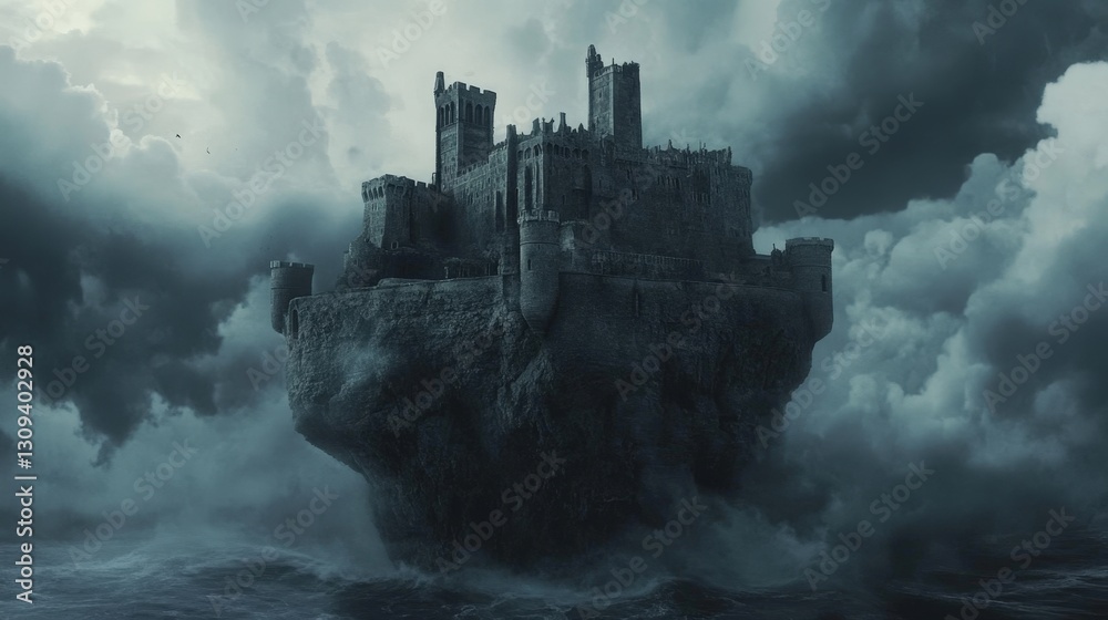 Fototapeta premium A dark fortress built atop a floating island, surrounded by swirling dark clouds