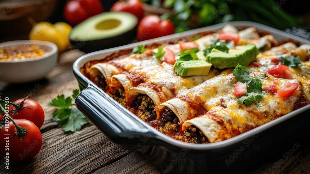 Meal Prep Made Simple with Plant-Based Protein concept. Delicious Enchiladas with Cheese, Avocado, and Fresh Ingredients on Rustic Wooden Table Meal Prep Made Simple with Plant-Based Protein concept. Delicious Enchiladas with Cheese, Avocado, and Fresh Ingredients on Rustic Wooden Table