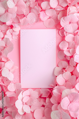 Vertical Hydrangeas pink background. Festive holiday greeting card for Birthday, Woman or Mothers Day.
