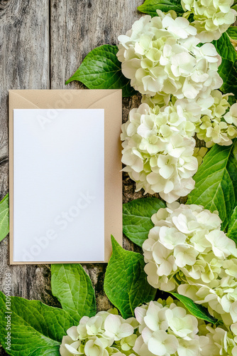 Vertical Hydrangeas springtime scenery, nature background. Festive holiday greeting card for Birthday, Woman or Mothers Day.