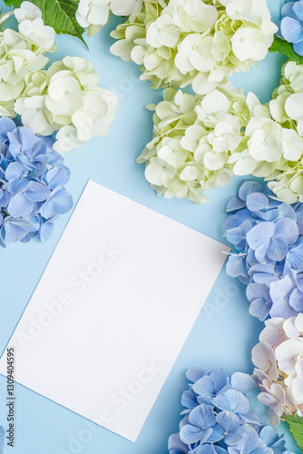 Vertical Hydrangeas springtime scenery, nature background. Festive holiday greeting card for Birthday, Woman or Mothers Day.