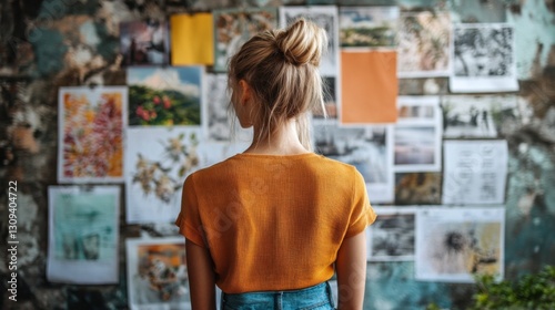 Blonde Woman in Yellow Shirt Viewing Image Collage on Wall