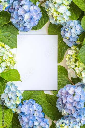 Vertical Hydrangeas springtime scenery, nature background. Festive holiday greeting card for Birthday, Woman or Mothers Day.