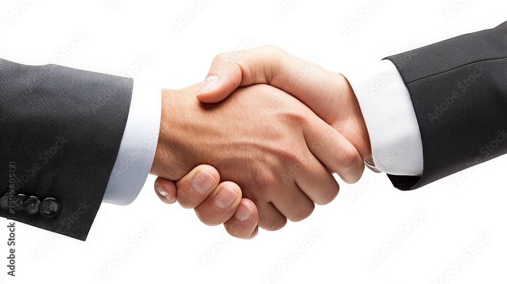 A detailed close-up of a business handshake, hands firmly clasped, professional suit textures visible, symbolizing corporate success, isolated on a pure white background A detailed close-up of a business handshake, hands firmly clasped, professional suit textures visible, symbolizing corporate success, isolated on a pure white background