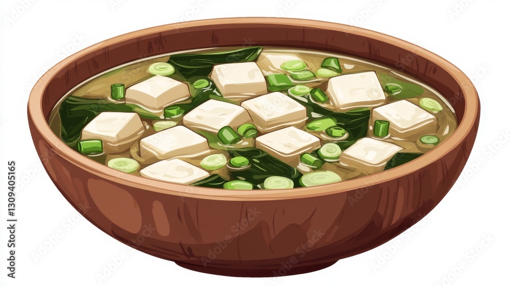 Miso Soup with Tofu and Seaweed in Wooden Bowl Miso Soup with Tofu and Seaweed in Wooden Bowl