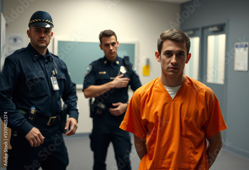 Arrested man stands for a mug shot in orange jumpsuit while police officers observe in a police station, capturing a tense interaction.
