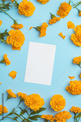 Vertical Marigolds blue background. Festive holiday greeting card for Birthday, Woman or Mothers Day.