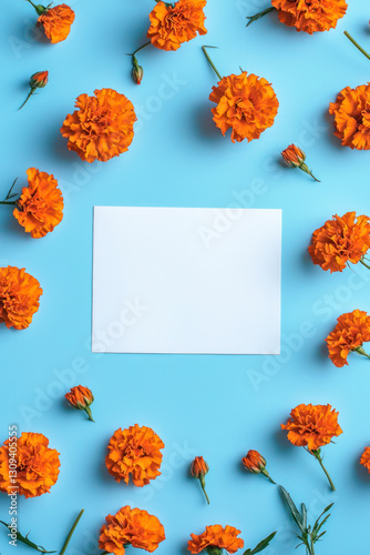 Vertical Marigolds blue background. Festive holiday greeting card for Birthday, Woman or Mothers Day.