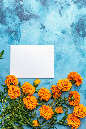 Vertical Marigolds blue background. Festive holiday greeting card for Birthday, Woman or Mothers Day.