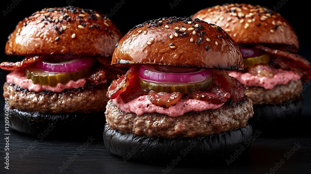 Three Gourmet Burgers Stacked With Toppings on a Dark Background Showcasing Culinary Craftsmanship and Flavor Diversity Three Gourmet Burgers Stacked With Toppings on a Dark Background Showcasing Culinary Craftsmanship and Flavor Diversity