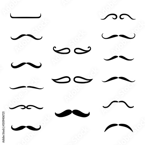 Vector icons set of black moustache, various shapes, isolated on transparent background