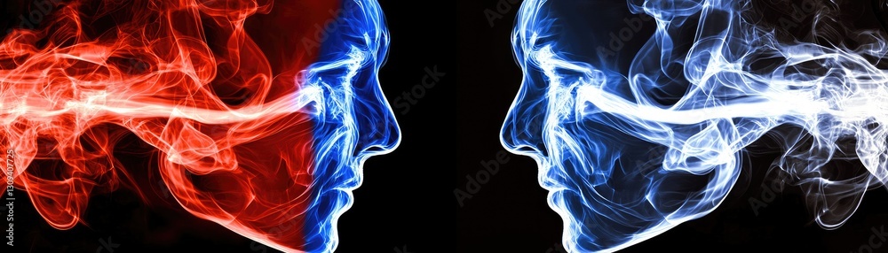 Fototapeta premium Opposing faces, smoke, energy, conflict, abstract art