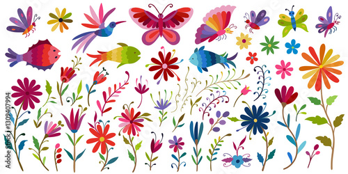 Big collection of traditional elements of Mexican pattern Otomi, flowers, leaves, birds, animal. Folk embroidery ornament elements.