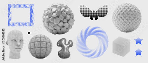 Universal trendy textured geometric bright bold shapes set. 3d brutalism vector elements