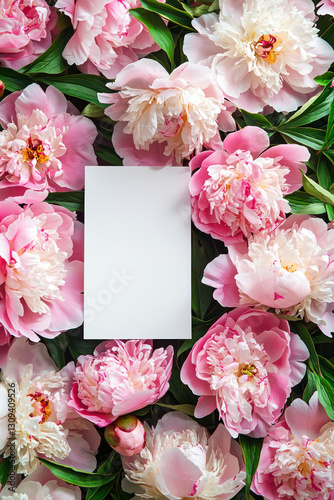 Vertical Peonies springtime scenery, nature background. Festive holiday greeting card for Birthday, Woman or Mothers Day.