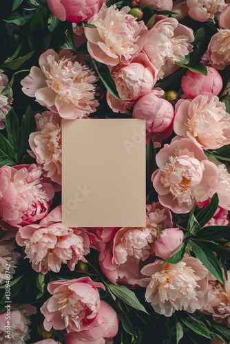 Vertical Peonies springtime scenery, nature background. Festive holiday greeting card for Birthday, Woman or Mothers Day.
