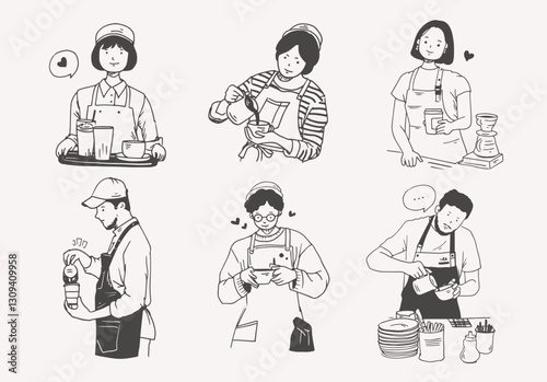 Hand-Drawn Barista and Café Staff Illustration Set. Perfect for coffee shop branding, menu designs, packaging, posters, social media content, editorial illustrations, and café-themed merchandise