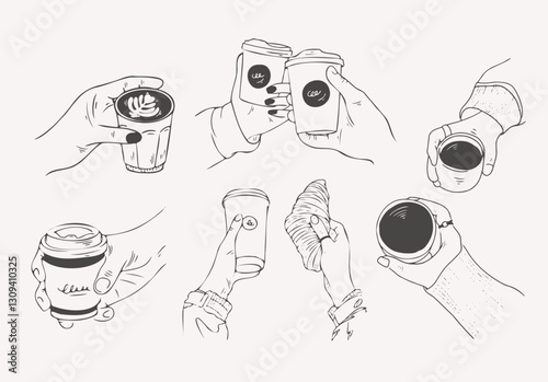 Hand Drawn Coffee Moments Holding, Clinking, and Sipping.  Perfect for café branding, coffee-related social media content, menu designs, packaging, posters, and digital prints.