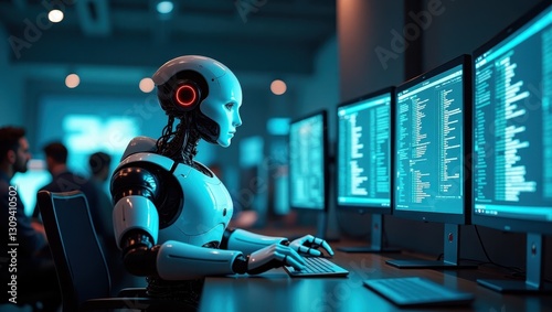 Advanced agentic AI operating multiple computer monitors in a tech workspace