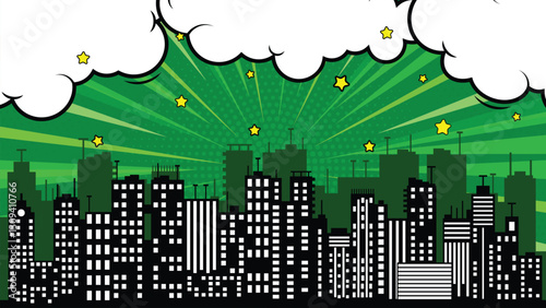 Comic green burst background with star, cloud and city silhouette.