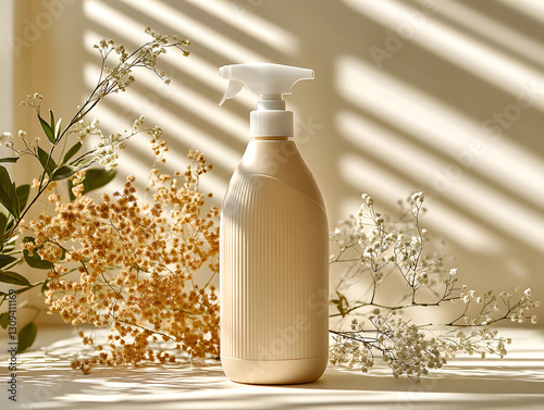 A bottle of eco-friendly cleaner is placed among dried flowers, bathed in soft, natural sunlight