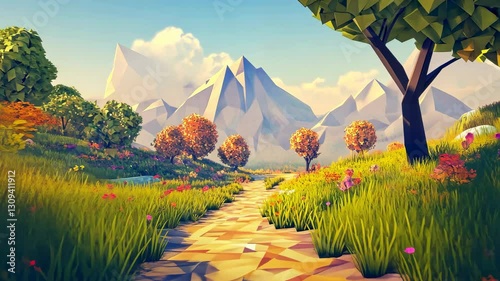 A low poly environment with a stylized forest path surrounded by geometric trees and a distant mountain range. A video game world.