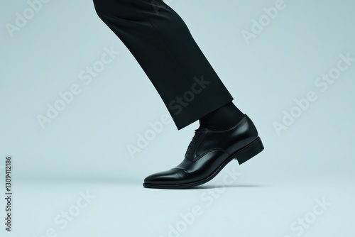 Elegant Black Dress Shoe on Leg in Formal Attire Against Background