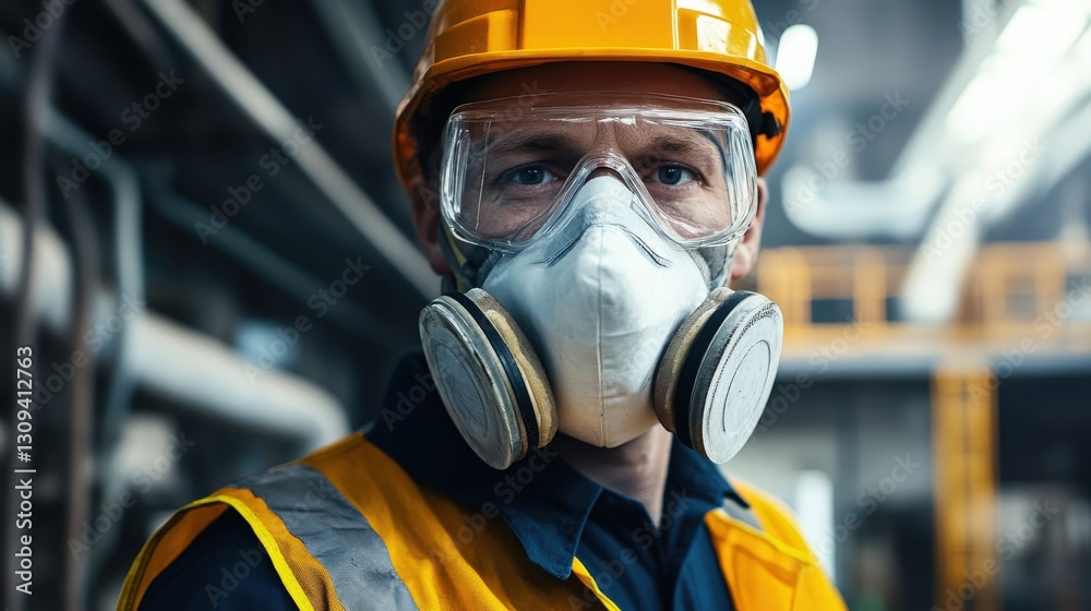 A manufacturing worker ensuring their respirator mask fits tightly before working with hazardous materials A manufacturing worker ensuring their respirator mask fits tightly before working with hazardous materials
