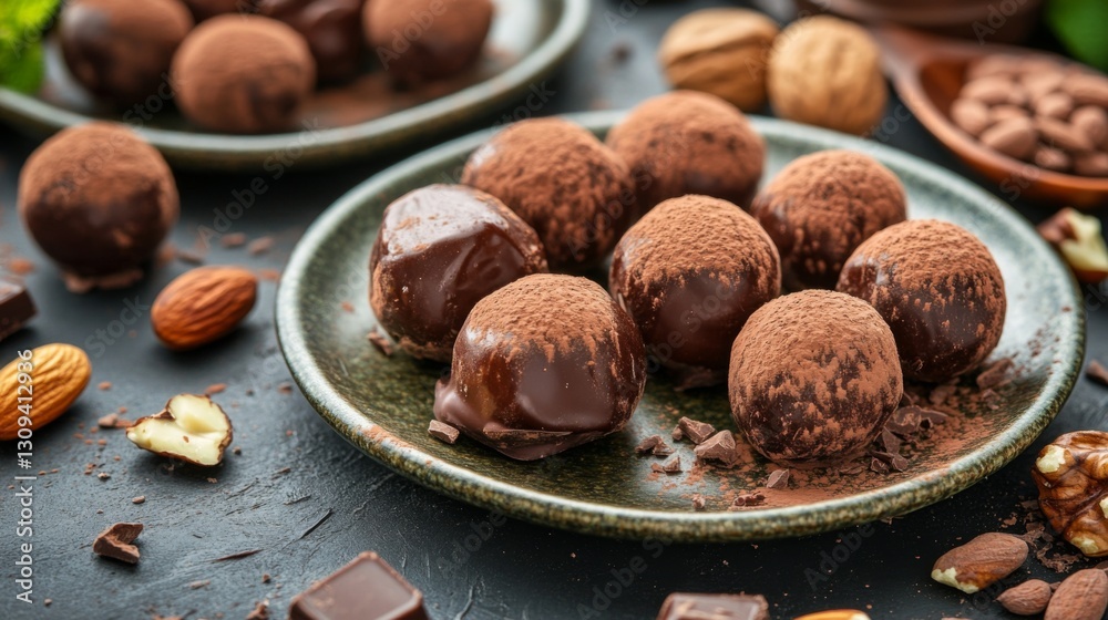 Dark Chocolate Truffles with Nuts on Dark Plate Dark Chocolate Truffles with Nuts on Dark Plate