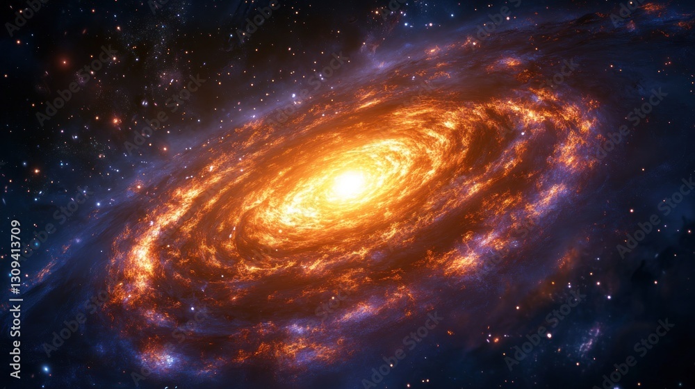 Fiery Cosmic Spiral: A Galaxy in Vivid Orange and Blue Hues Fiery Cosmic Spiral: A Galaxy in Vivid Orange and Blue Hues