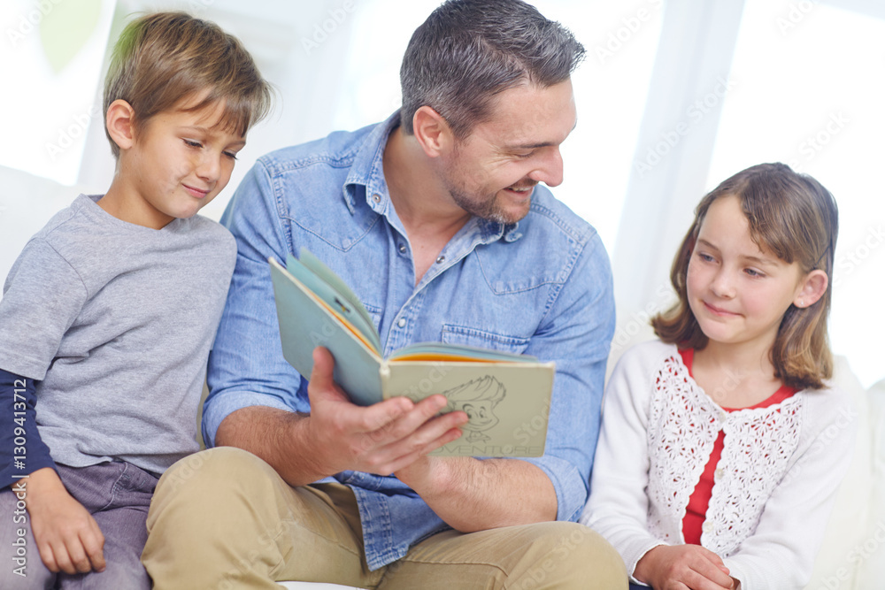 Book, learning or reading with dad and kids on sofa in living room together for bonding or study. Education, literature or storytelling with father and children in apartment for development or growth Book, learning or reading with dad and kids on sofa in living room together for bonding or study. Education, literature or storytelling with father and children in apartment for development or growth